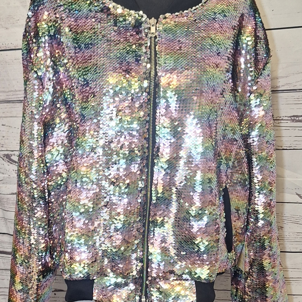 LuLaRoe Stevie Blue & Purple Bomber Jacket w/Iridescent Sequins Sz 3X NWT - Picture 4 of 10